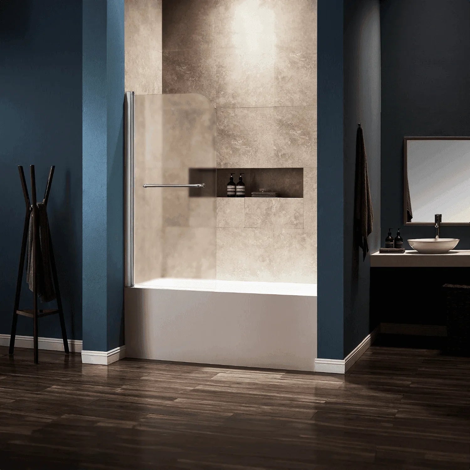 Frameless Pivot Tub Door with Frosted Glass and Handle