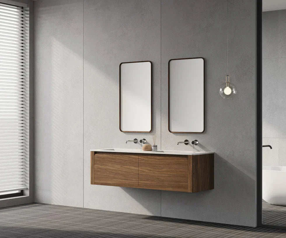 Walnut Wall Mount Double Sink Bathroom Vanity