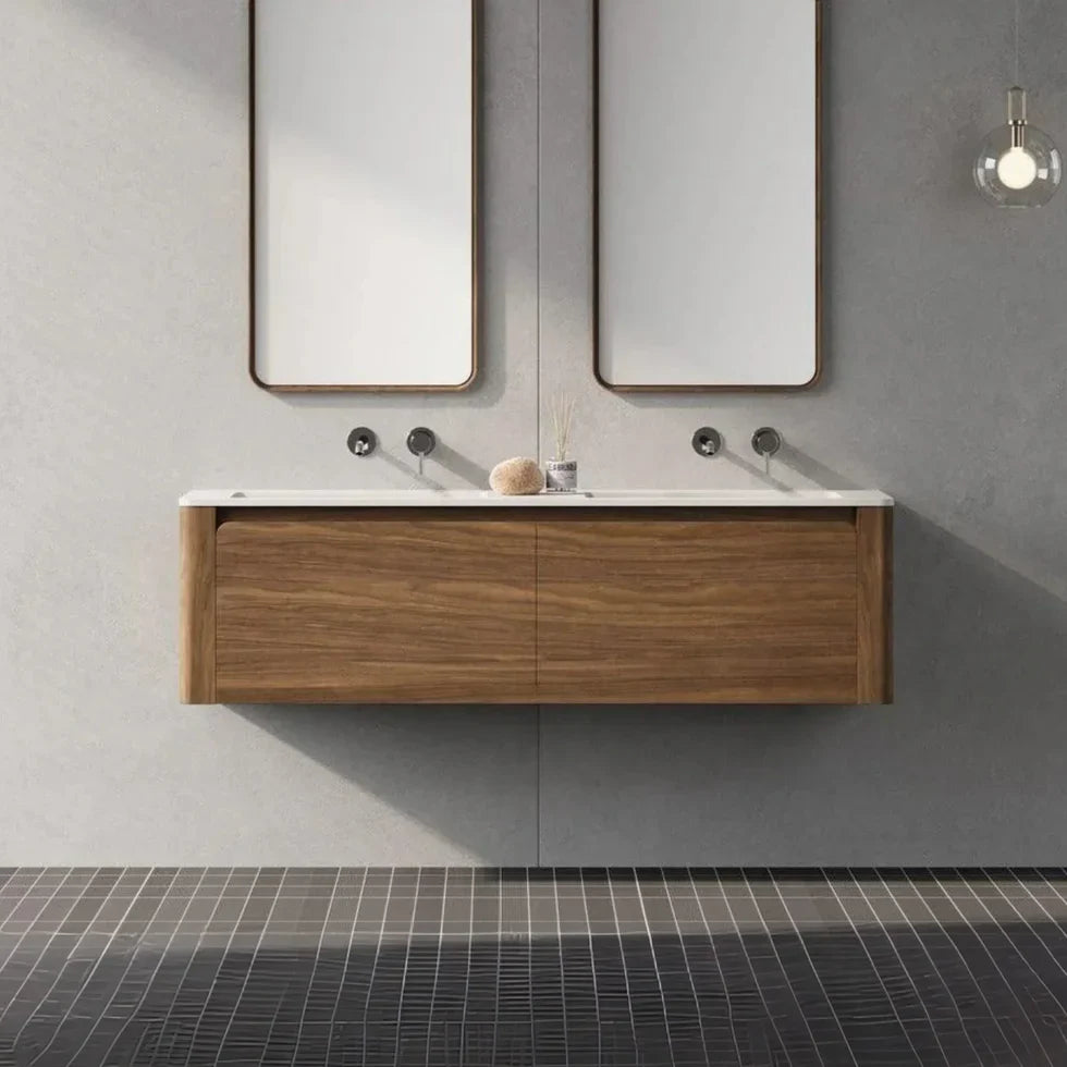 Walnut Wall Mount Double Sink Bathroom Vanity