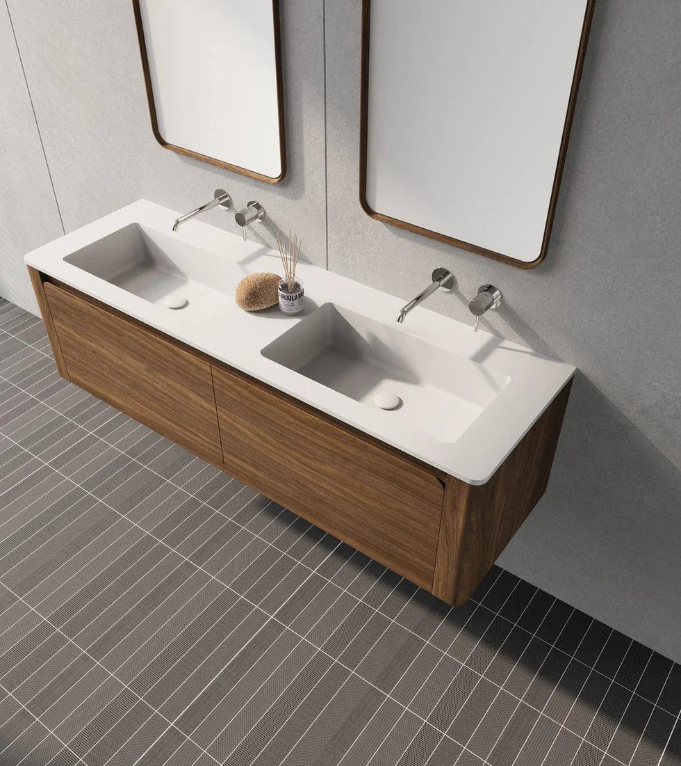 Walnut Wall Mount Double Sink Bathroom Vanity