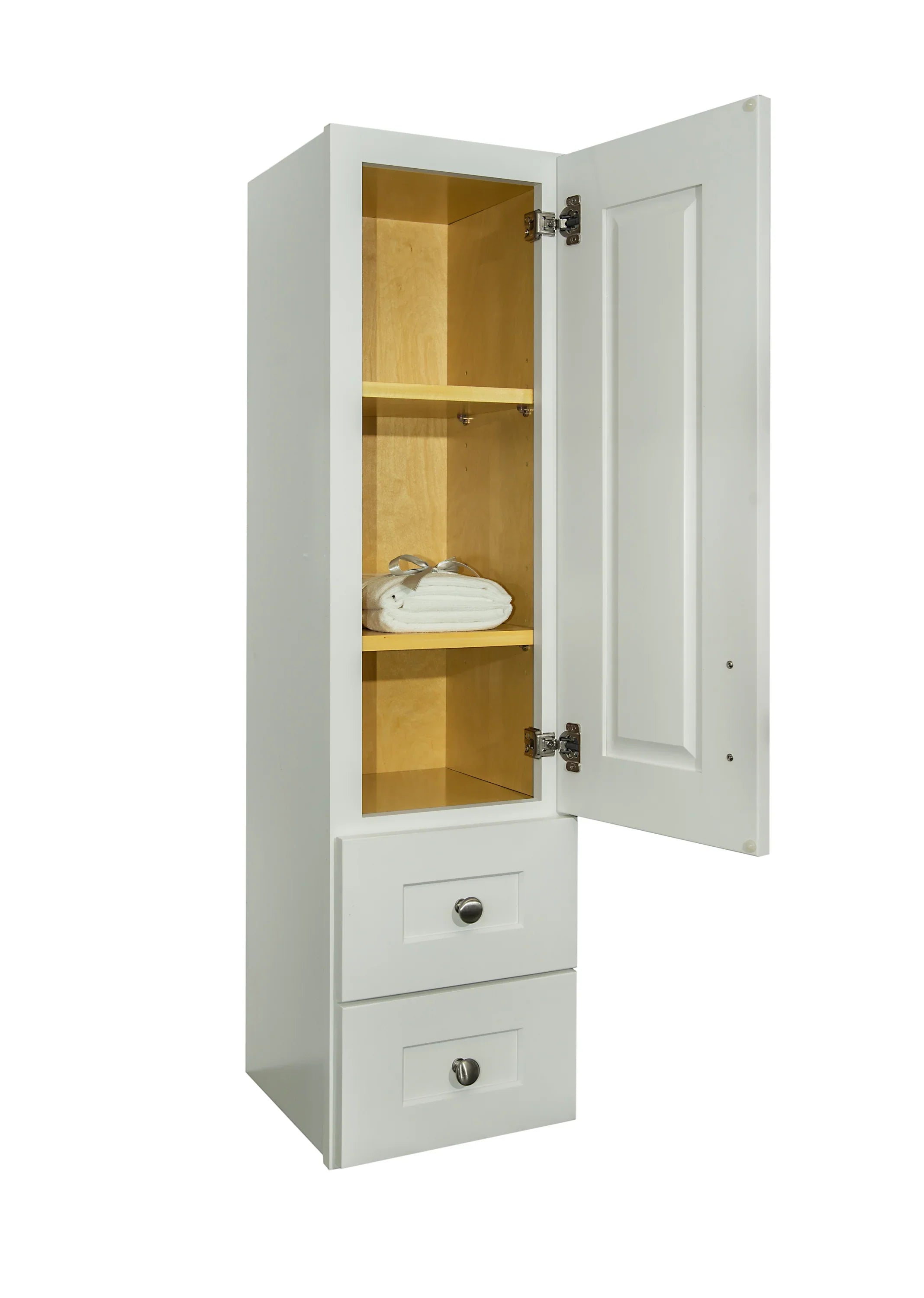 White Linen Cabinet with Wood Door