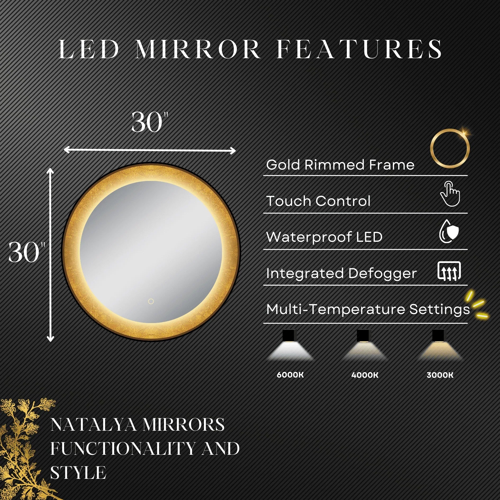 Round LED Lighted Mirror with Gold Frosted Border