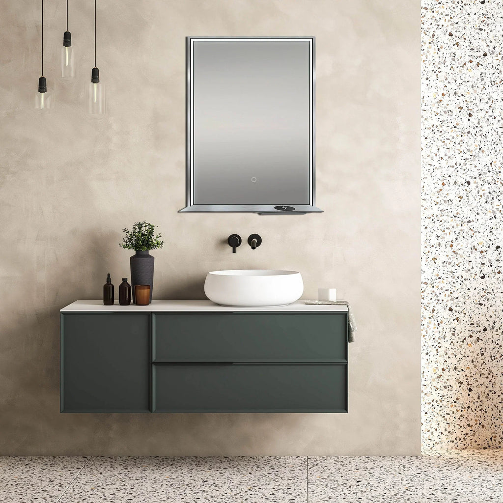 Framed LED Mirror with Bluetooth Speaker and Wireless Cell Phone Charger; Available in 3 colors