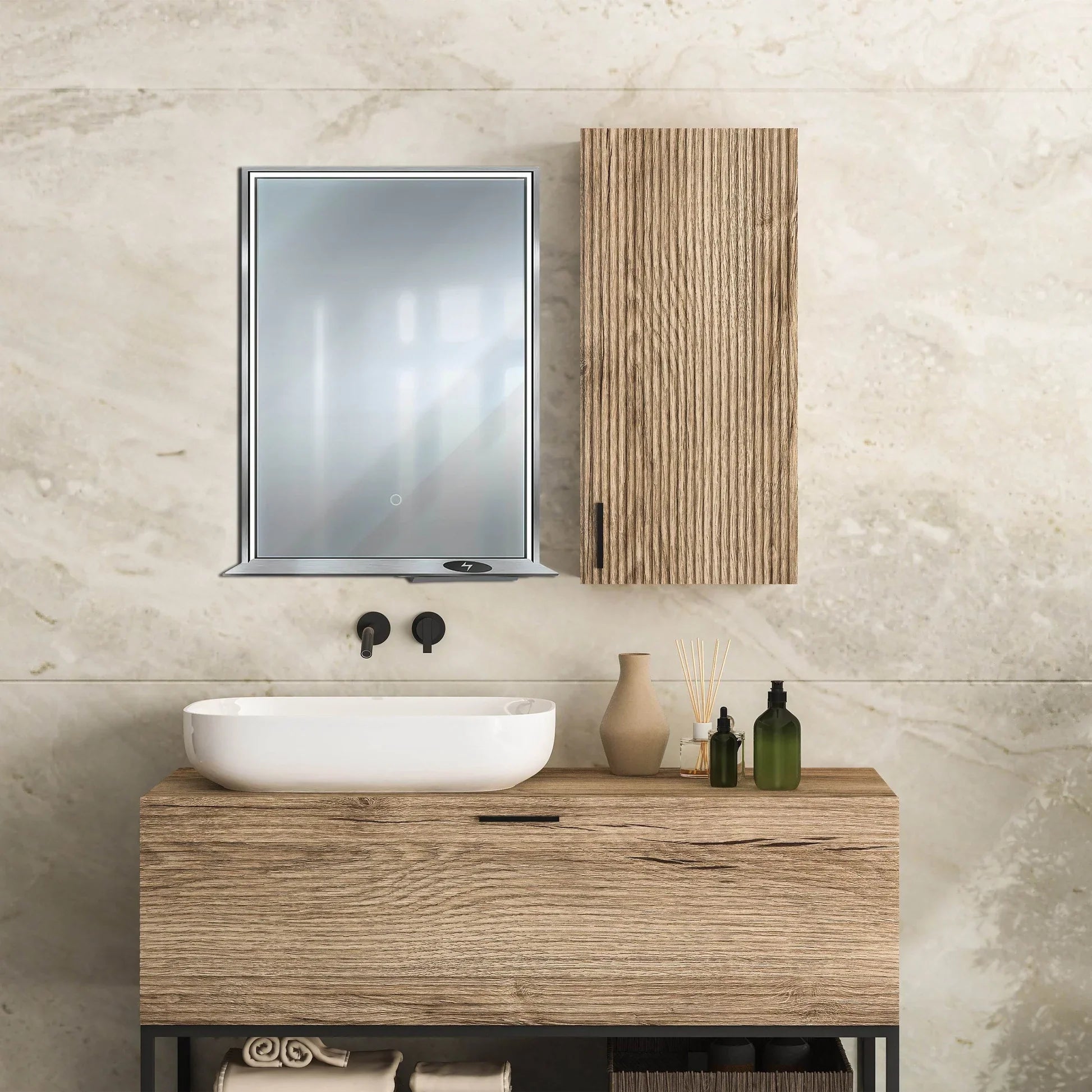 Framed LED Mirror with Bluetooth Speaker and Wireless Cell Phone Charger; Available in 3 colors