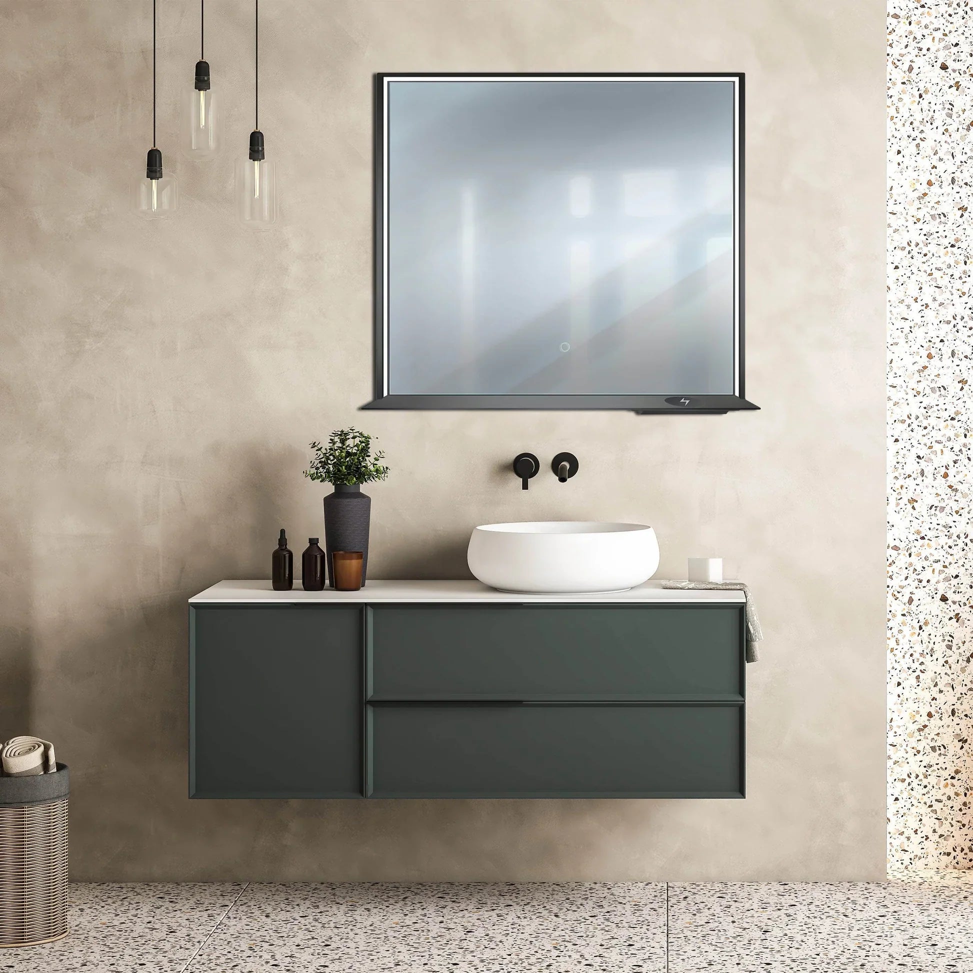 Allegra 36"W x 32"H Framed LED Mirror with Bluetooth Speaker and Wireless Cell Phone Charger
