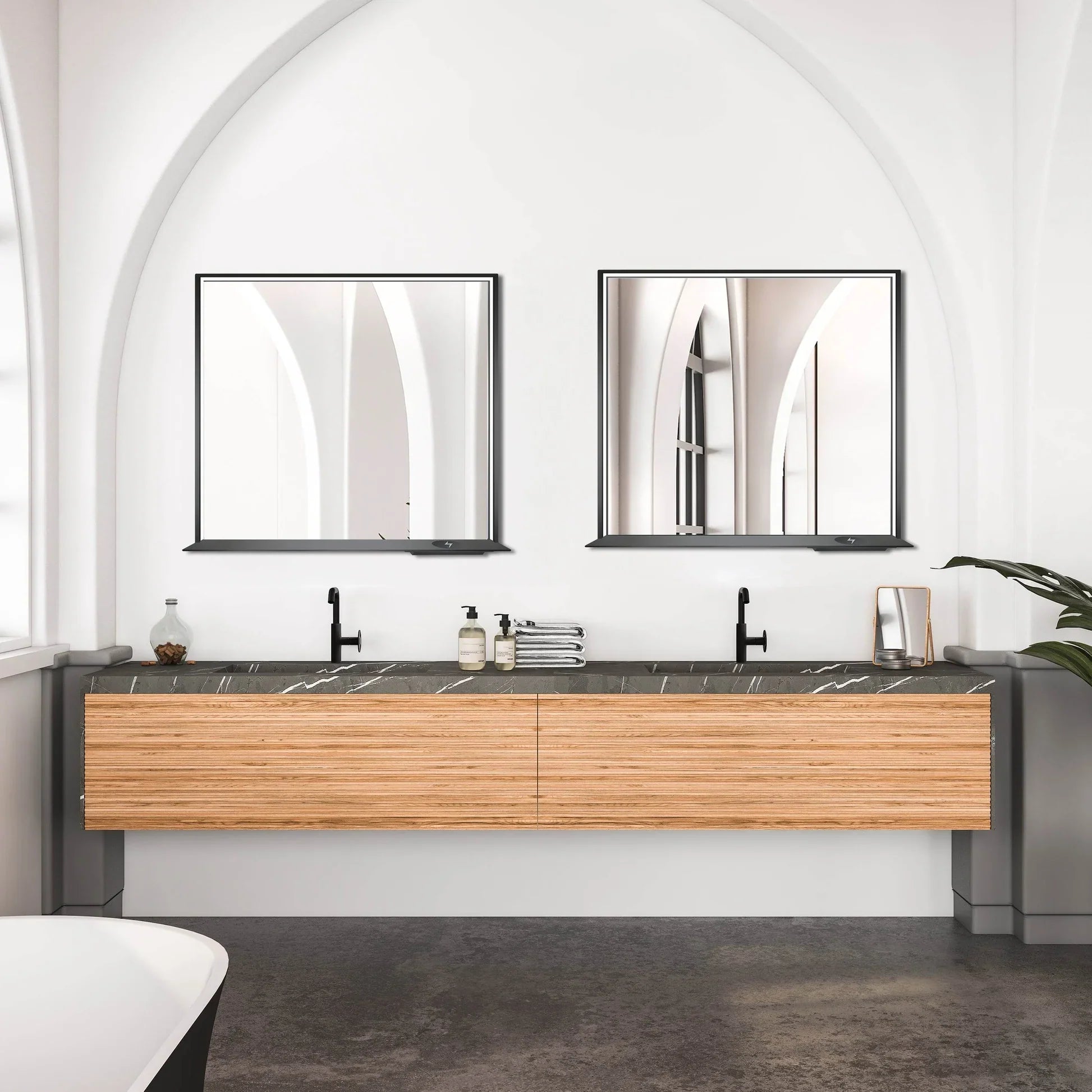 Allegra 36"W x 32"H Framed LED Mirror with Bluetooth Speaker and Wireless Cell Phone Charger