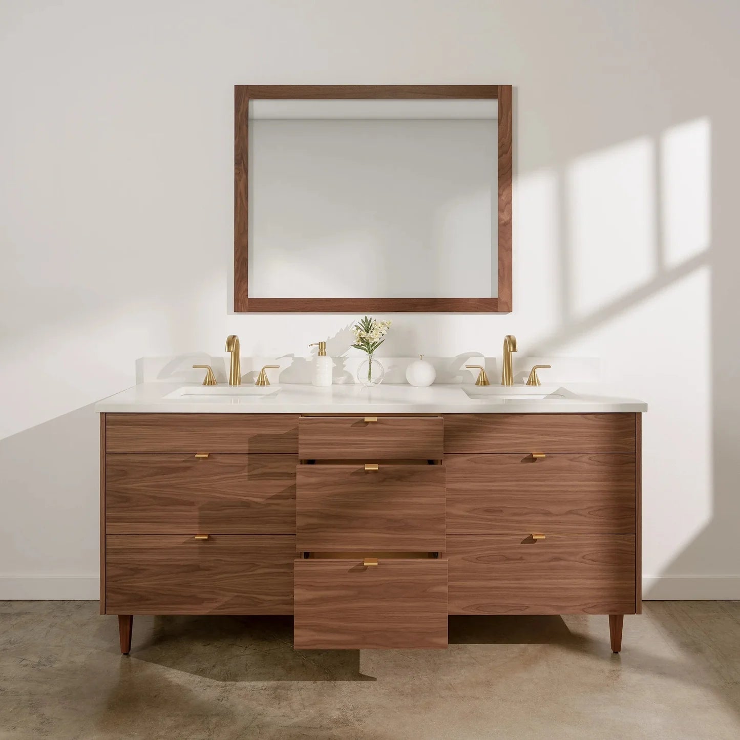 Stainless Slim 72" American Black Walnut Bathroom Vanity, Double Sink