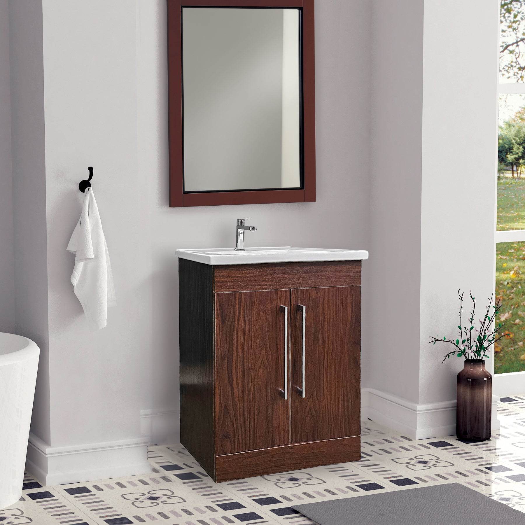 Vanity in Deep Peach Wood Finish with Ceramic Vanity Top