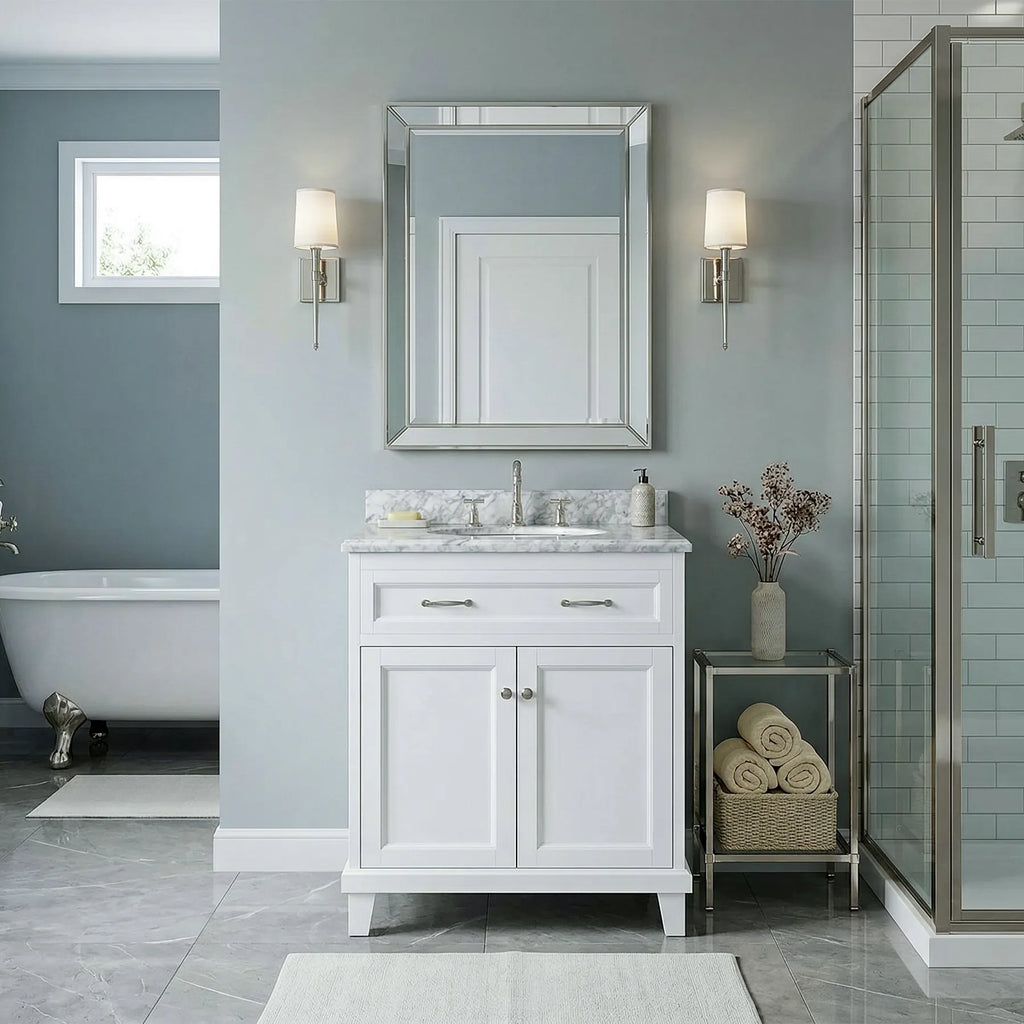 White Vanity w/ Solid Wood & Carrara Marble Top