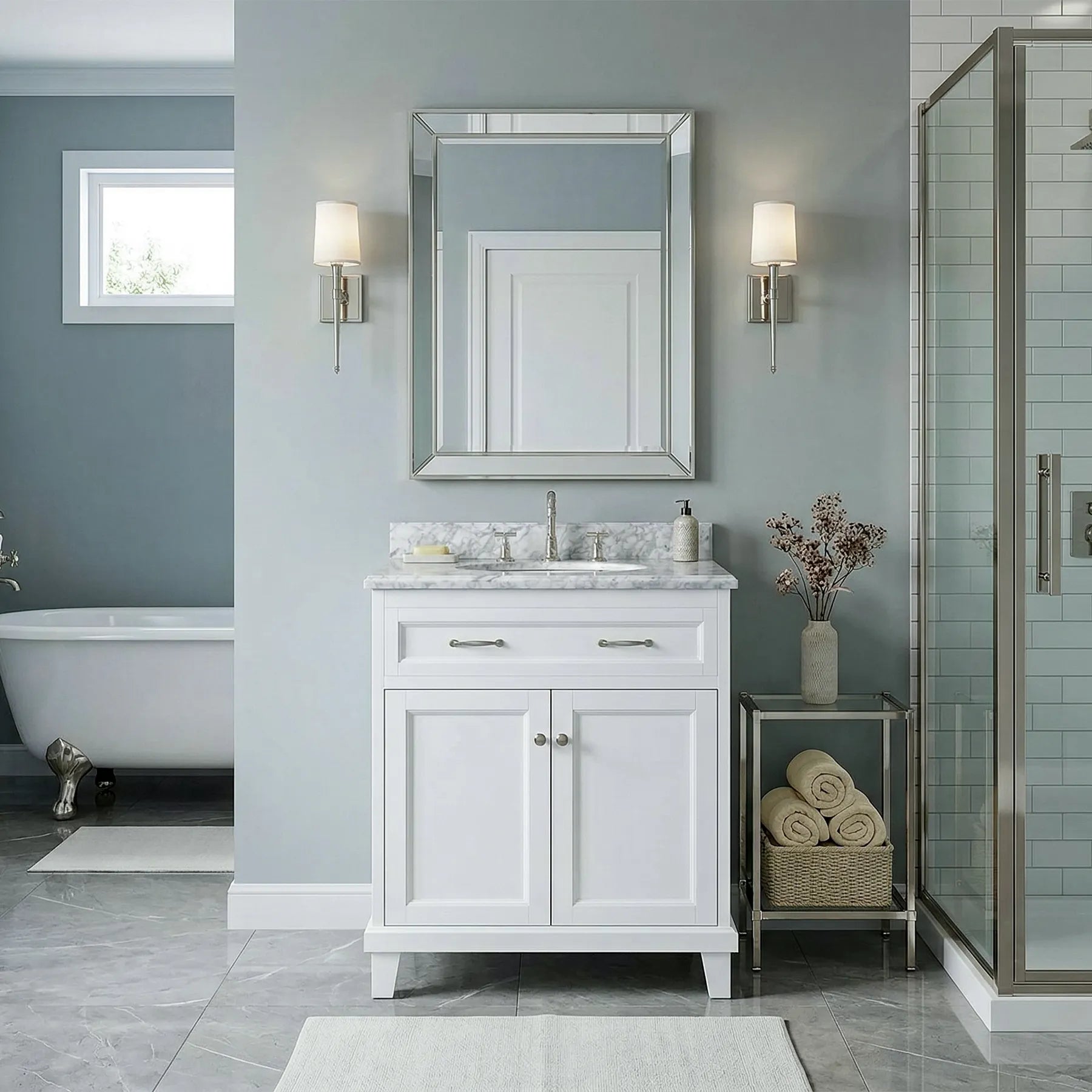 White Vanity w/ Solid Wood & Carrara Marble Top