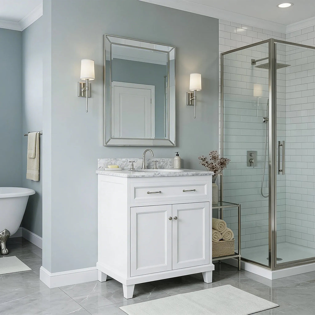 White Vanity w/ Solid Wood & Carrara Marble Top