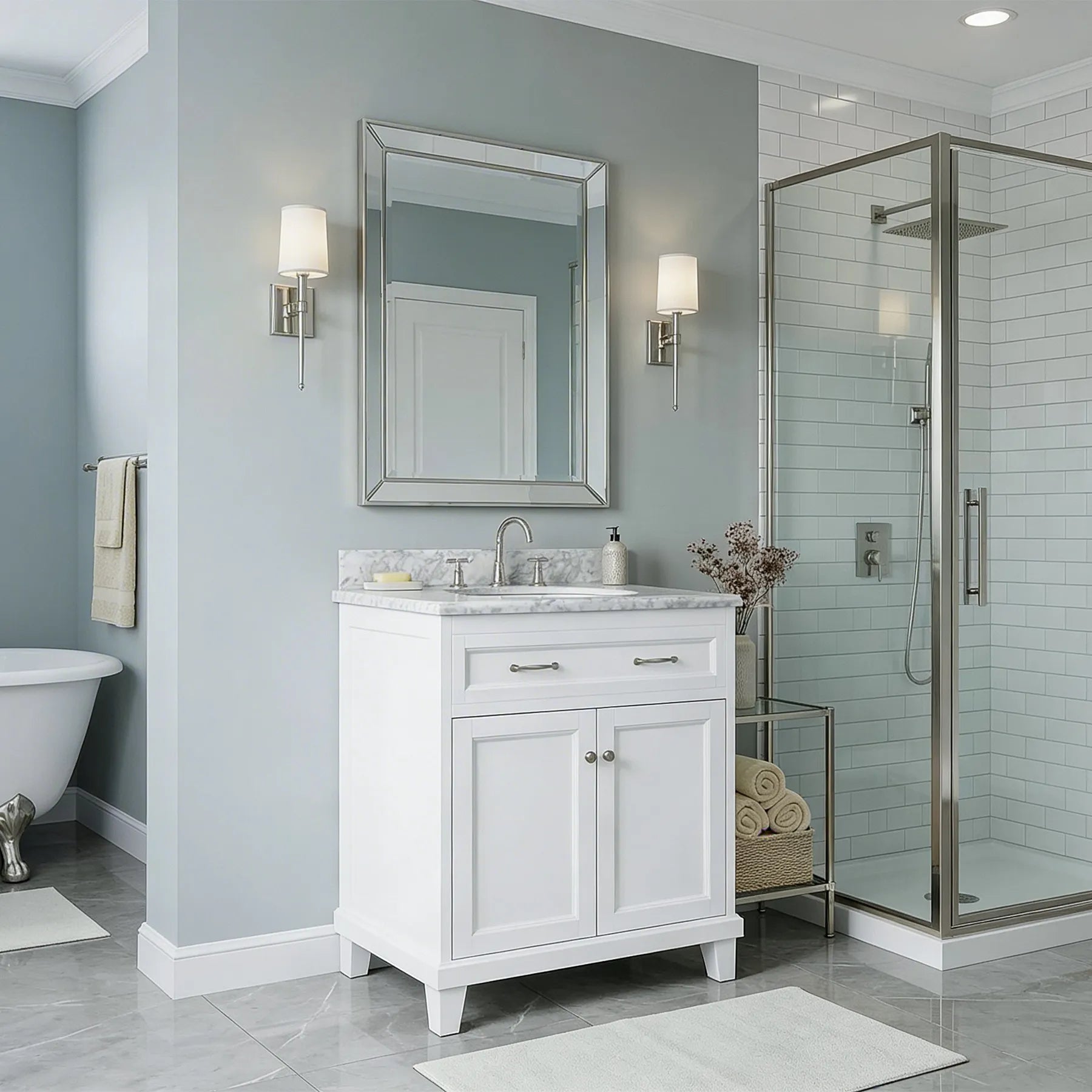 White Vanity w/ Solid Wood & Carrara Marble Top