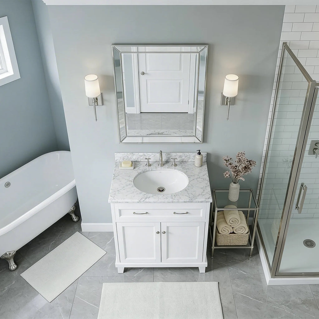 White Vanity w/ Solid Wood & Carrara Marble Top