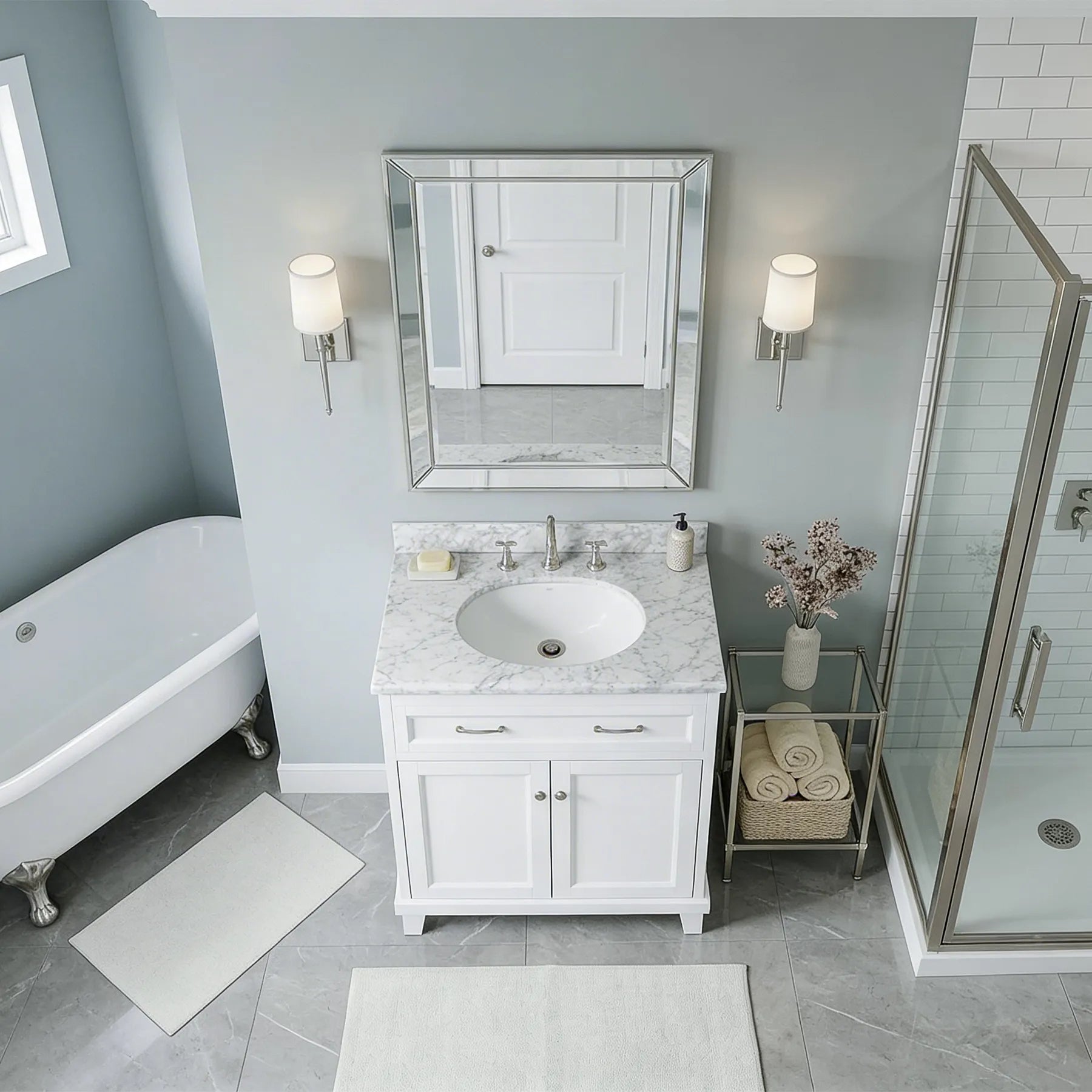 White Vanity w/ Solid Wood & Carrara Marble Top