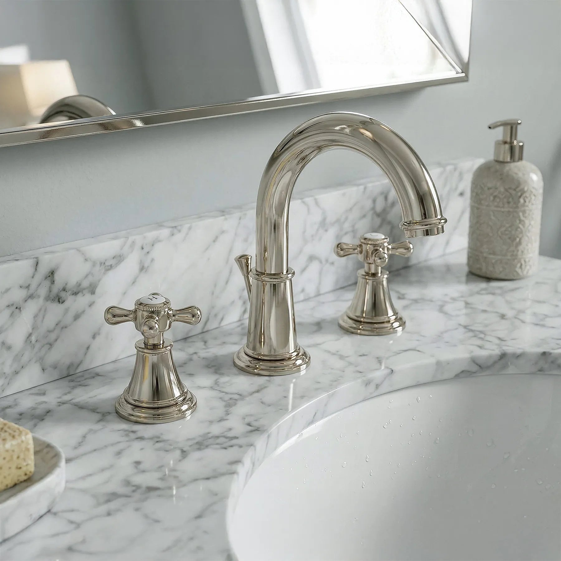 White Vanity w/ Solid Wood & Carrara Marble Top