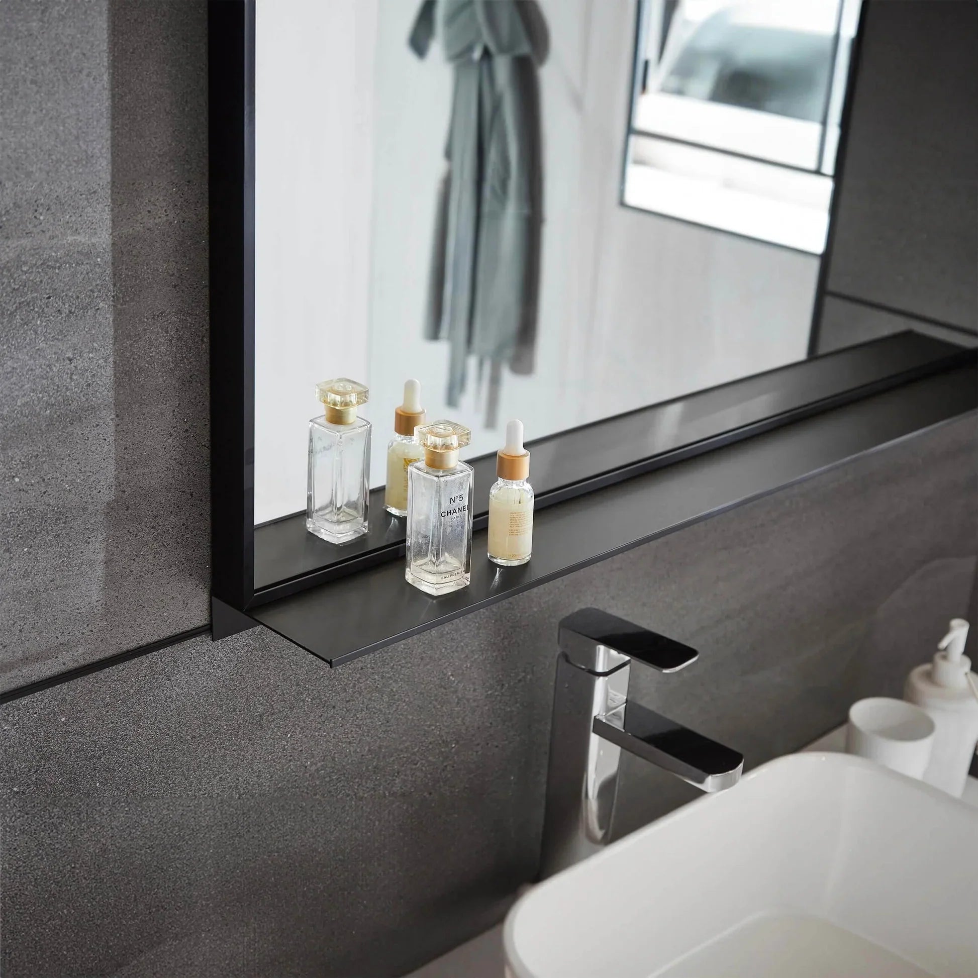 Rectangular Framed Mirror with Integrated Shelf in Matte Black
