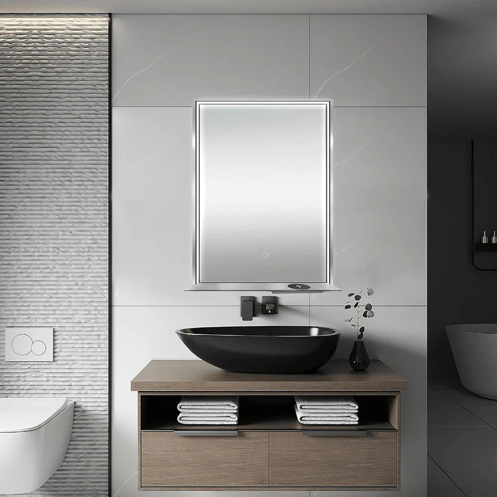 Framed LED Mirror with Bluetooth Speaker and Wireless Cell Phone Charger; Available in 3 colors