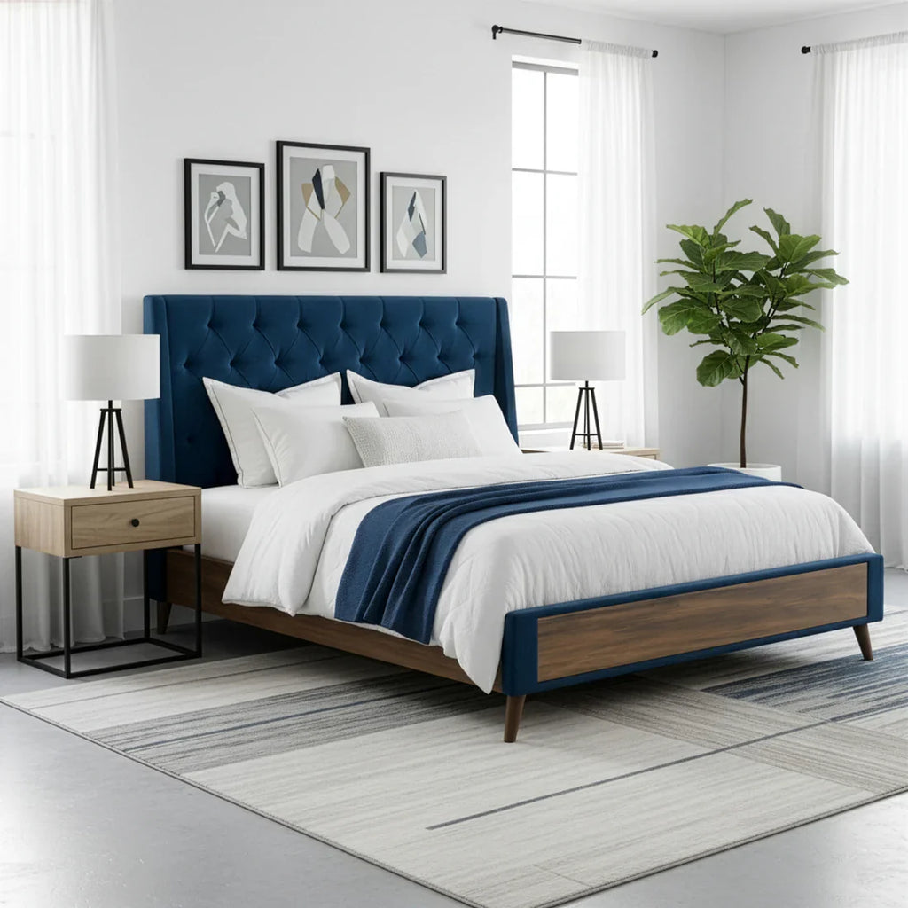 Arlo Navy Blue Velvet King Bed with Wings