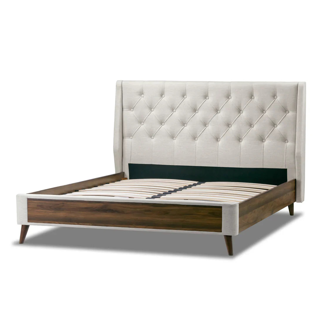 Beige Fabric King Bed with Wings and Button Tufting
