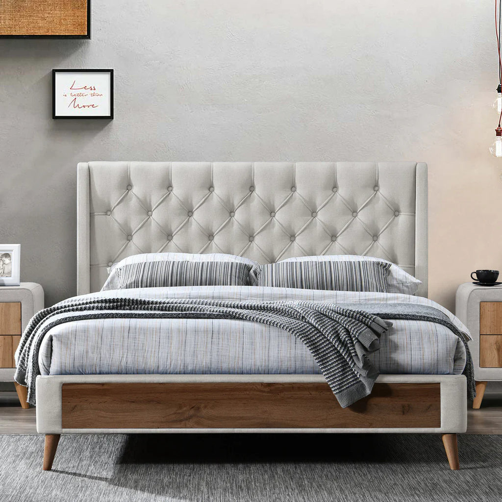 Beige Fabric King Bed with Wings and Button Tufting