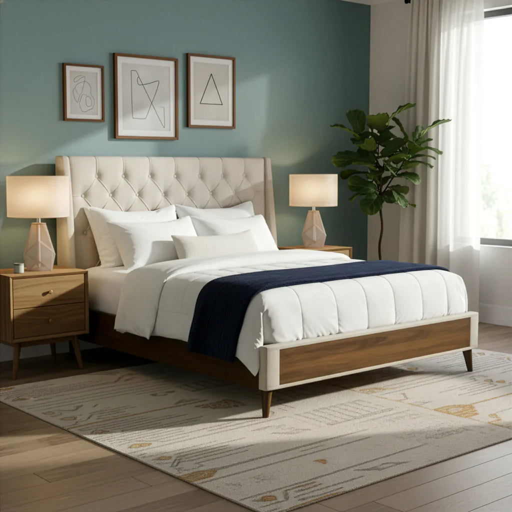 Beige Fabric King Bed with Wings and Button Tufting