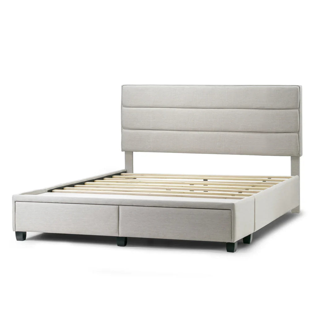 Beige Fabric King Bed Captain’s Bed with Two Storage Drawer
