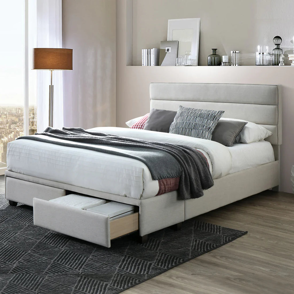 Beige Fabric King Bed Captain’s Bed with Two Storage Drawer
