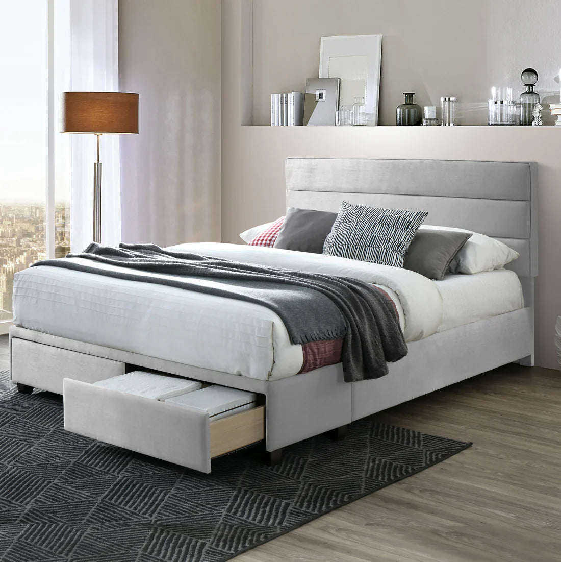 Silver Gray King Bed Captain’s Bed with Two Storage Drawers