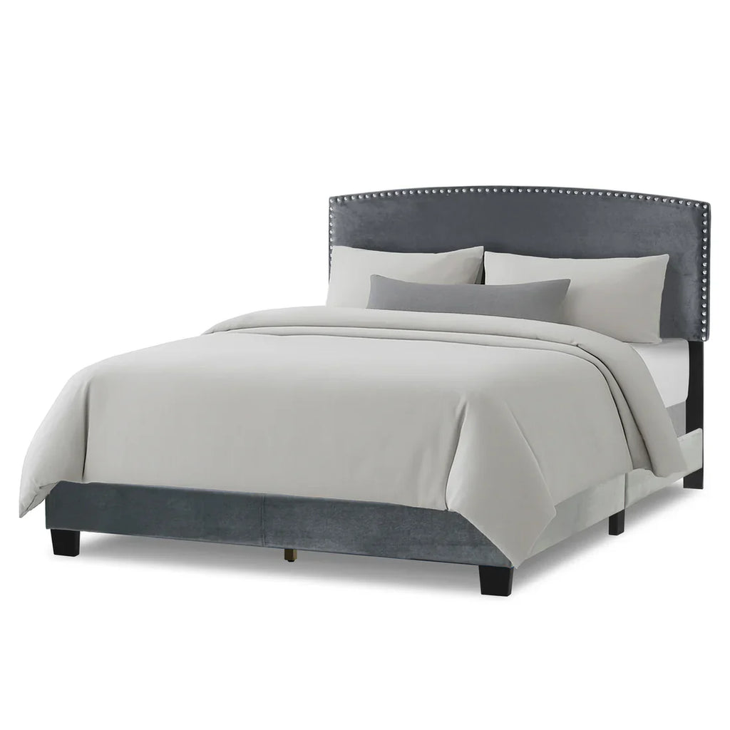 Silver Gray Velvety Fabric Queen Bed with Nail Head Trim