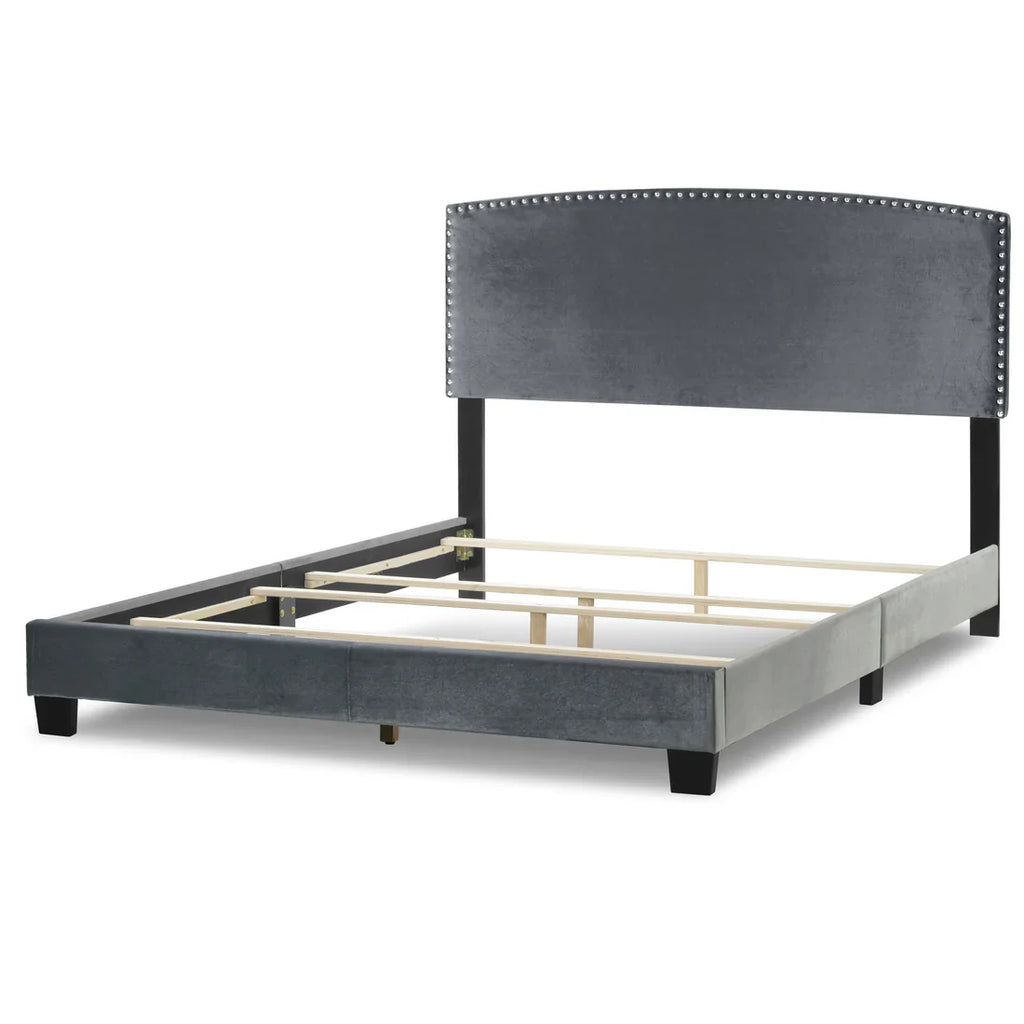 Silver Gray Velvety Fabric Queen Bed with Nail Head Trim