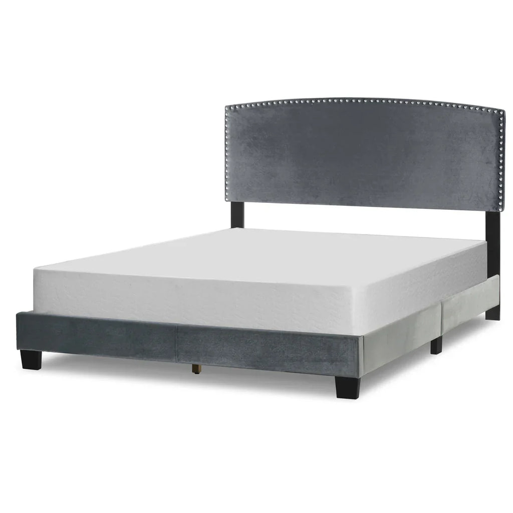Silver Gray Velvety Fabric Queen Bed with Nail Head Trim
