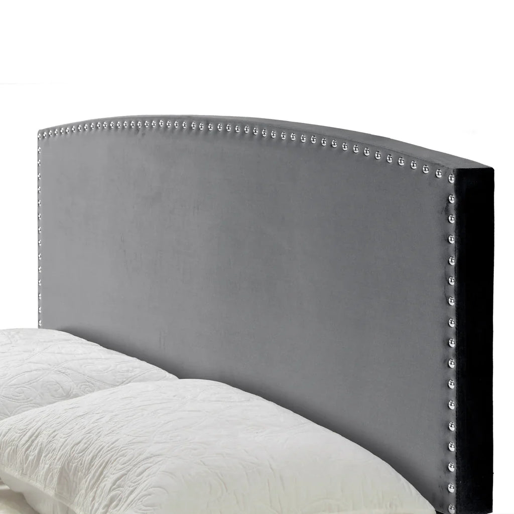 Silver Gray Velvety Fabric Queen Bed with Nail Head Trim