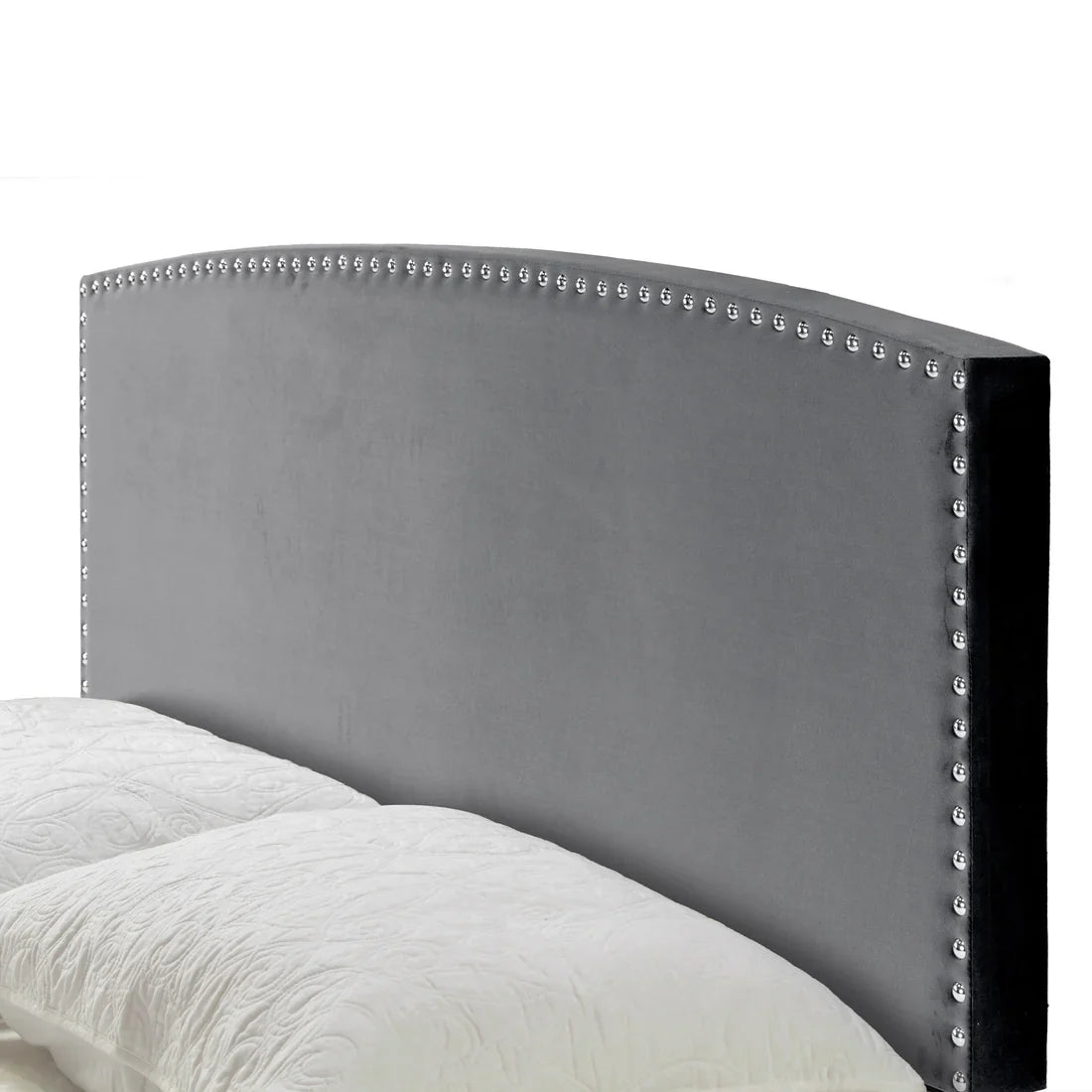 Silver Gray Velvety Fabric Queen Bed with Nail Head Trim