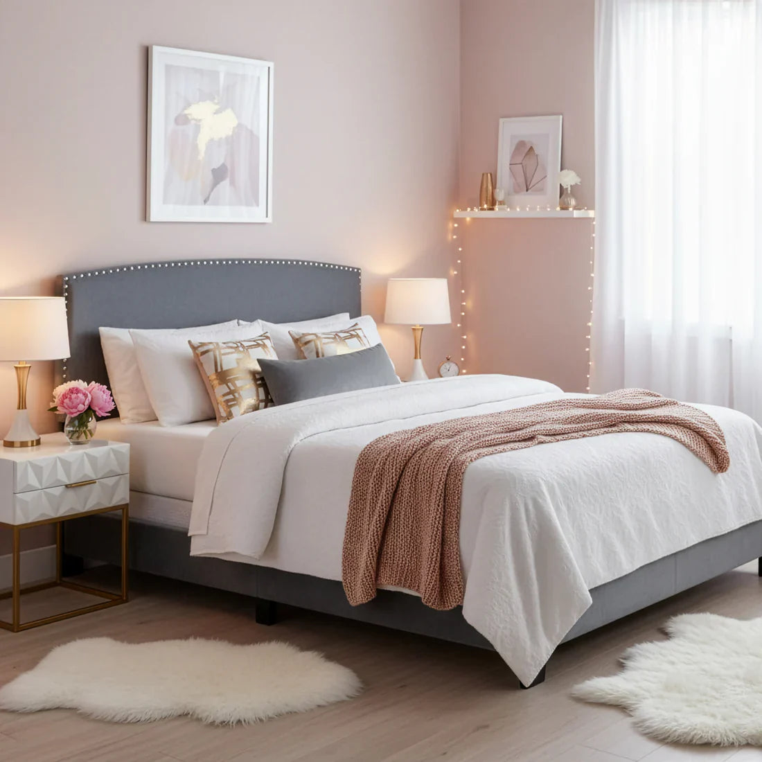 Silver Gray Velvety Fabric Queen Bed with Nail Head Trim