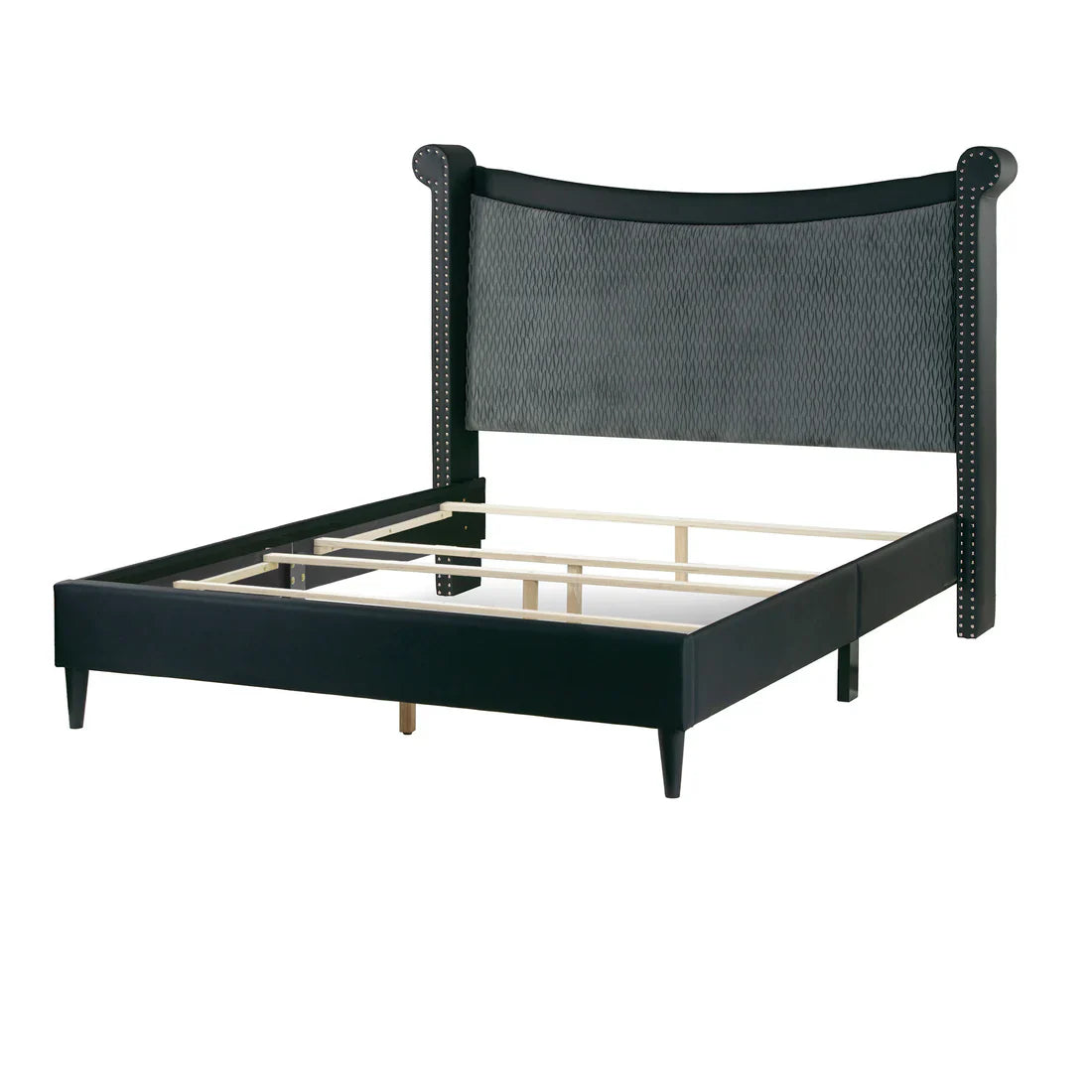 Black Upholstered Queen Bed with Nail Heads