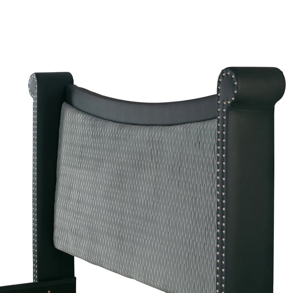 Black Upholstered Queen Bed with Nail Heads