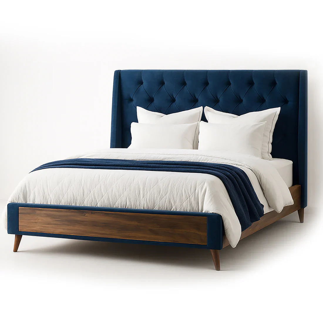 Arlo Navy Blue Velvet King Bed with Wings