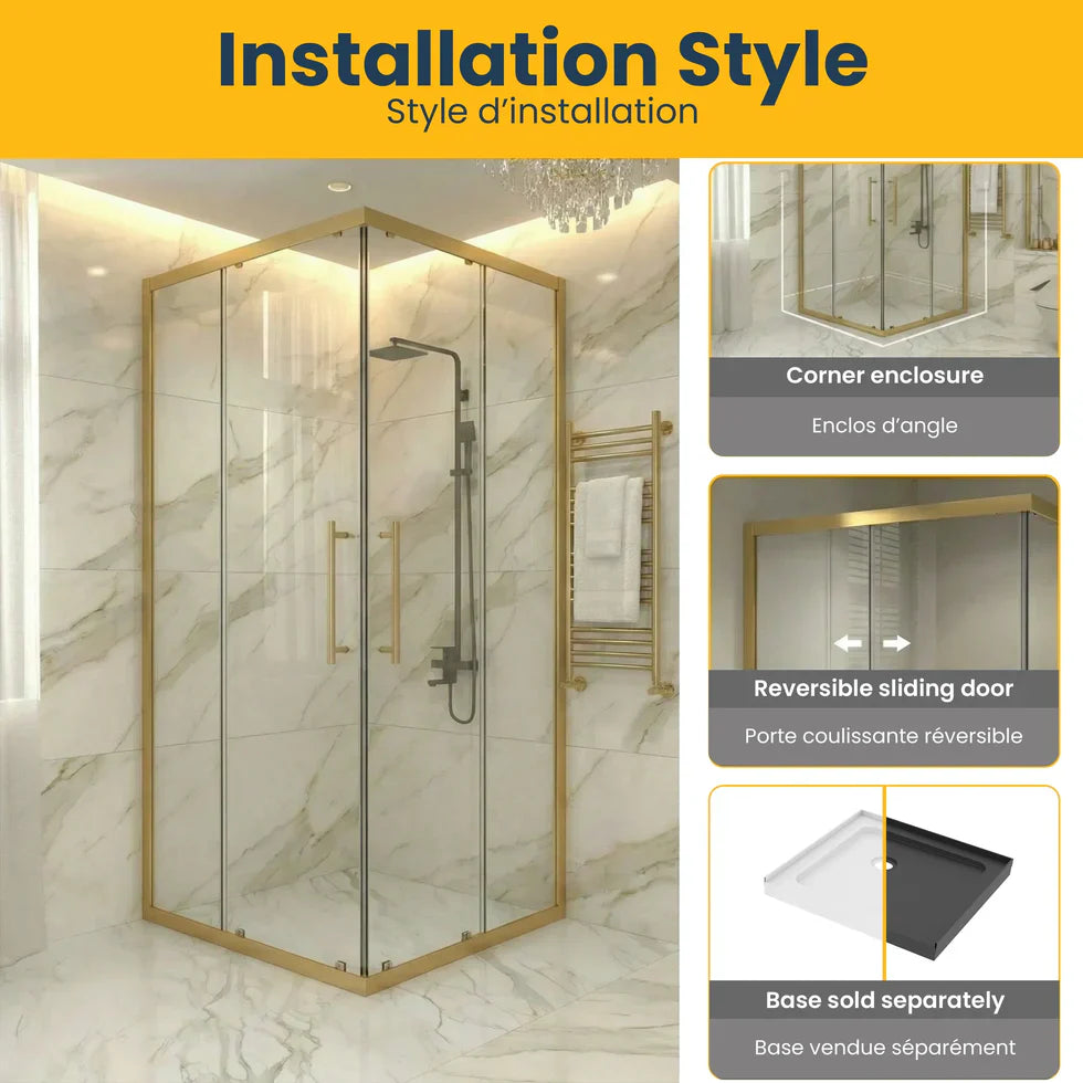 Brushed Gold Reversible Corner Sliding Shower Door