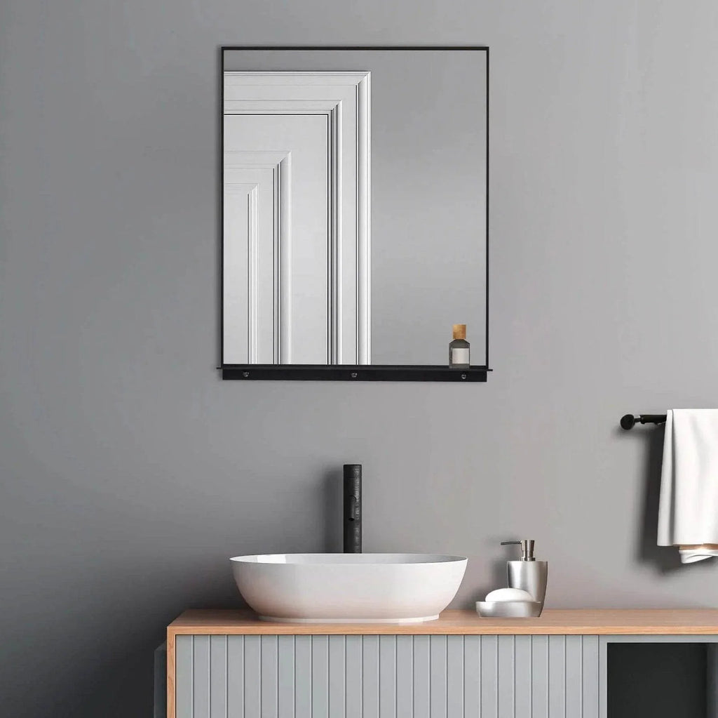 Rectangular Framed Mirror with Integrated Shelf in Matte Black