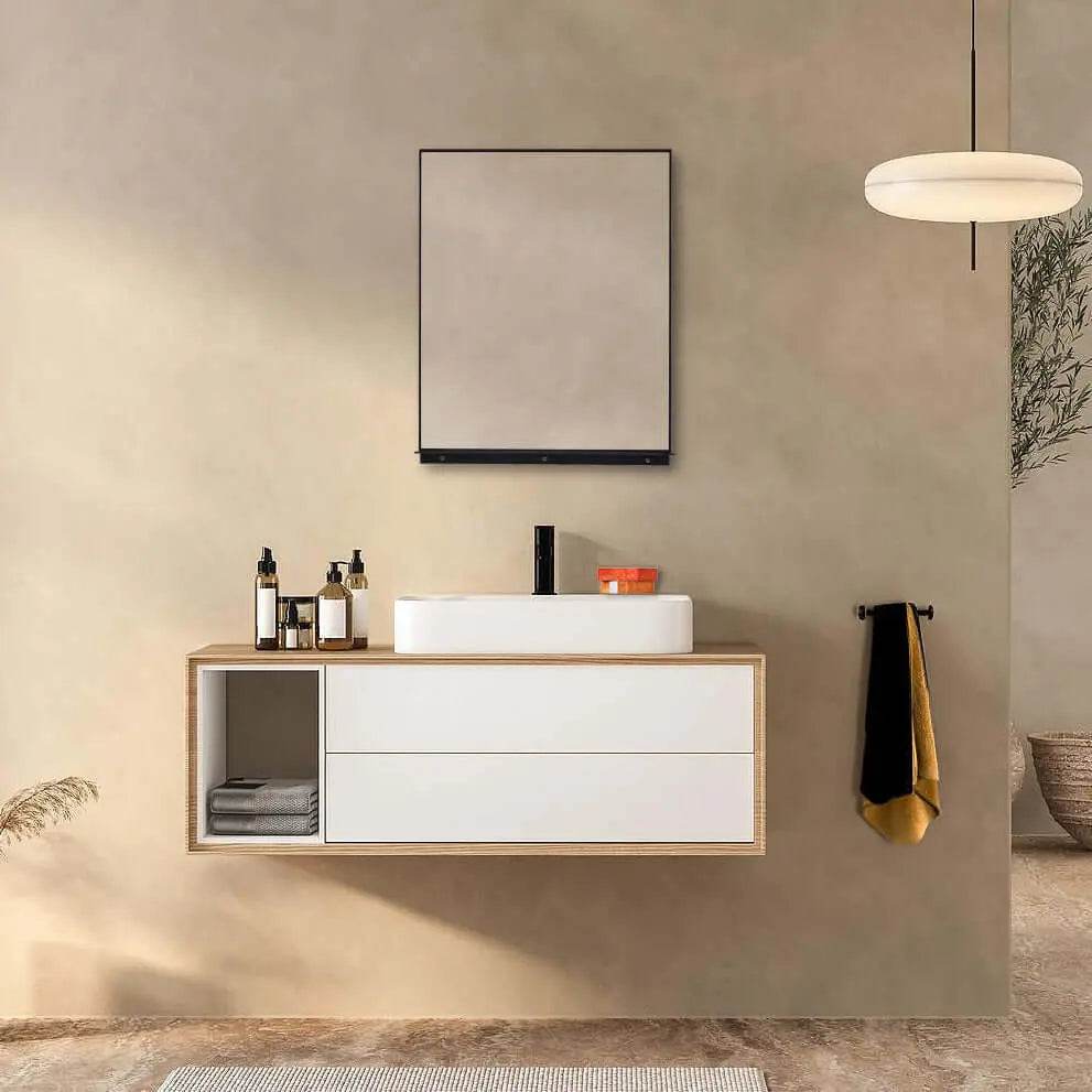 Rectangular Framed Mirror with Integrated Shelf in Matte Black