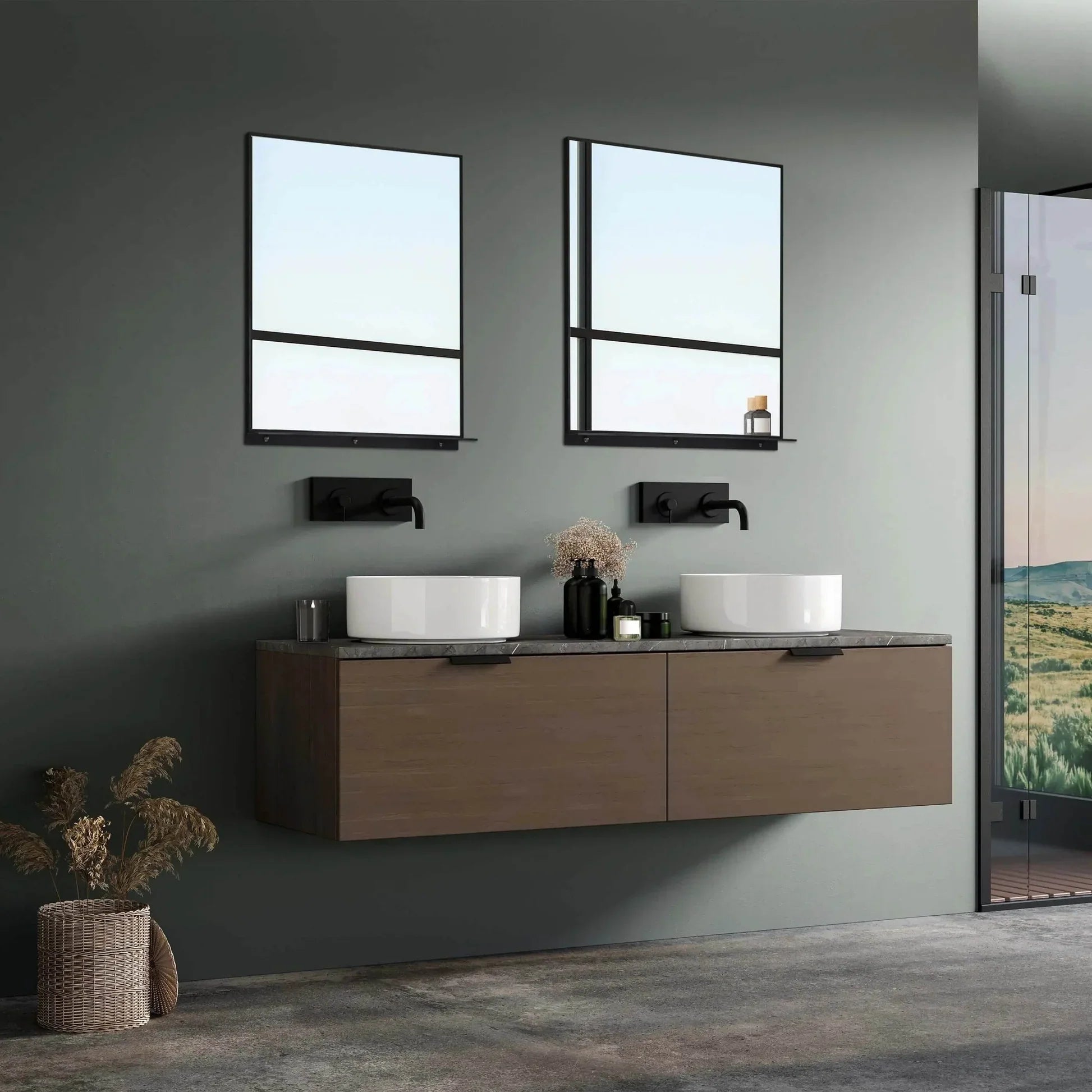 Rectangular Framed Mirror with Integrated Shelf in Matte Black