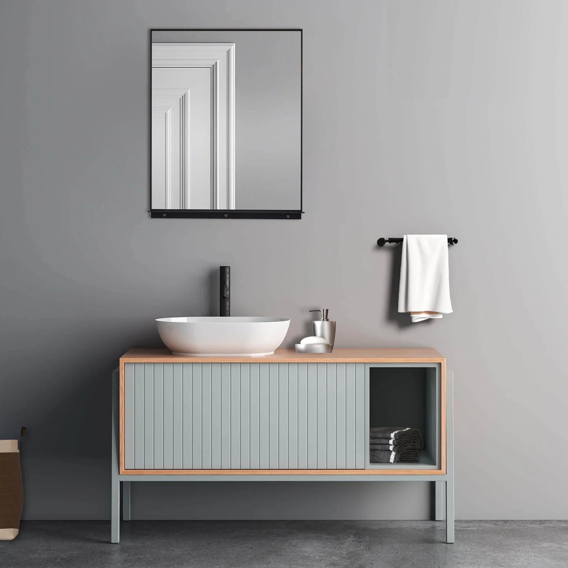 Rectangular Framed Mirror with Integrated Shelf in Matte Black