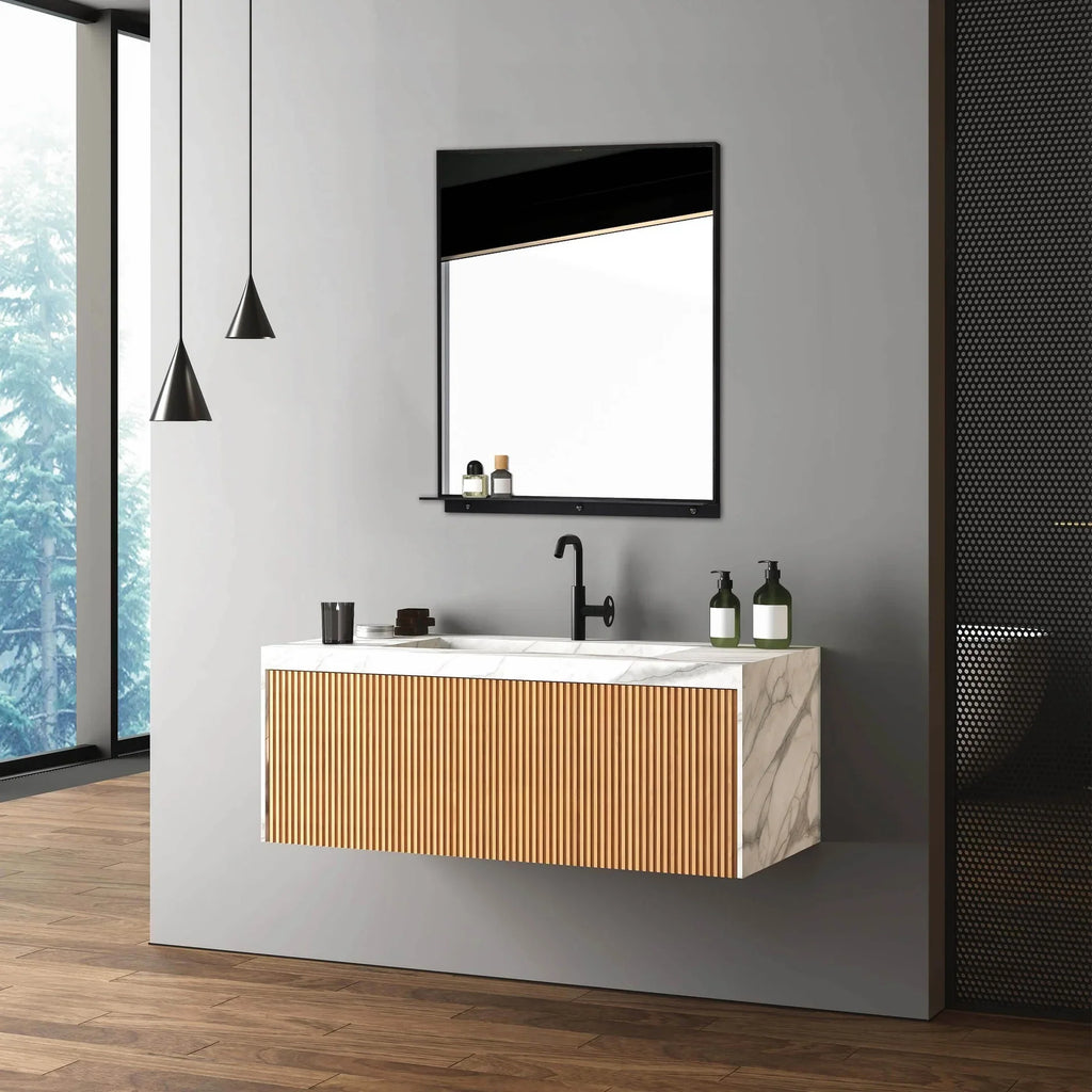 Rectangular Framed Mirror with Integrated Shelf in Matte Black