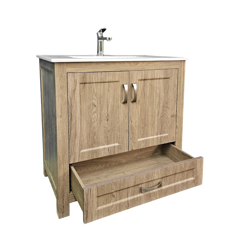 Livorno Vanity with White Ceramic Vanity Top in Woodgrain Finish