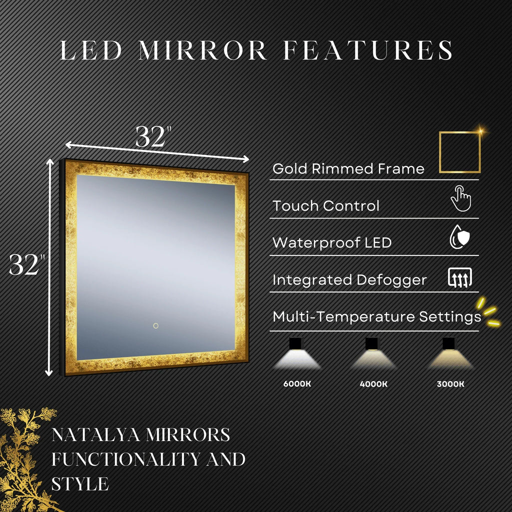 Rimmed LED Lighted Mirror with Gold Frosted Border