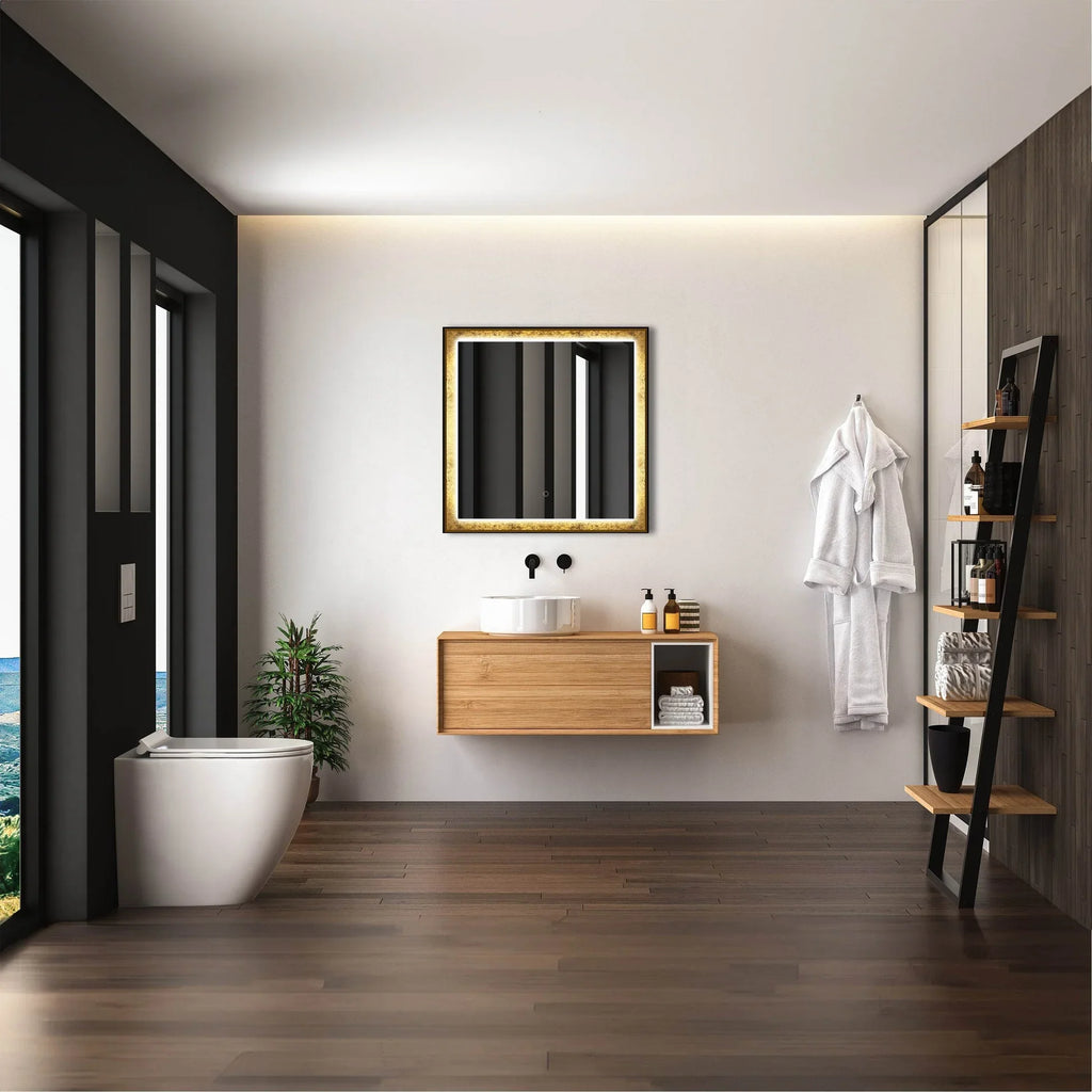 Rimmed LED Lighted Mirror with Gold Frosted Border