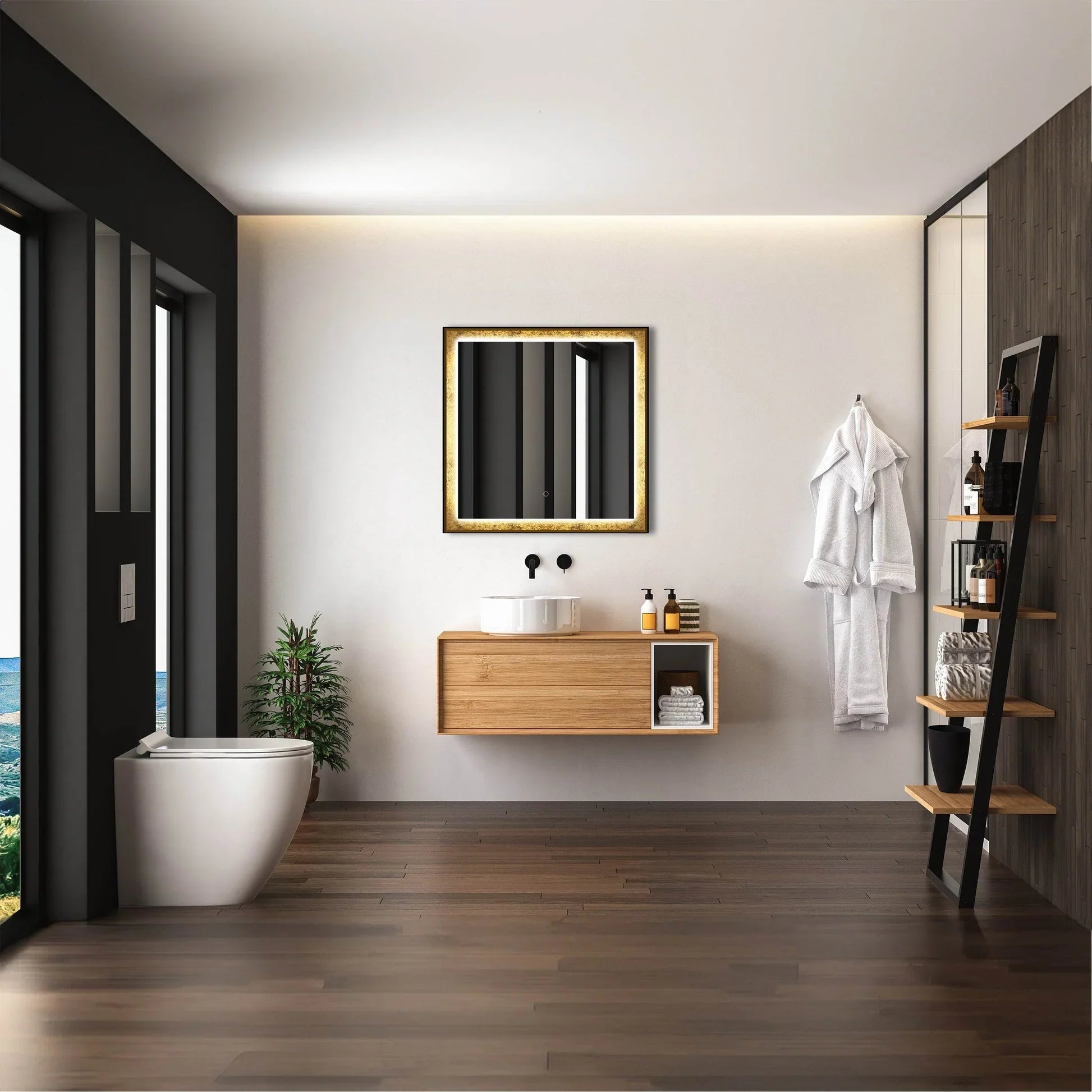 Rimmed LED Lighted Mirror with Gold Frosted Border
