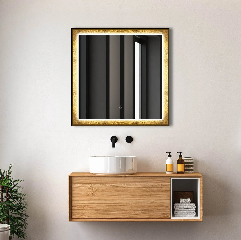 Rimmed LED Lighted Mirror with Gold Frosted Border