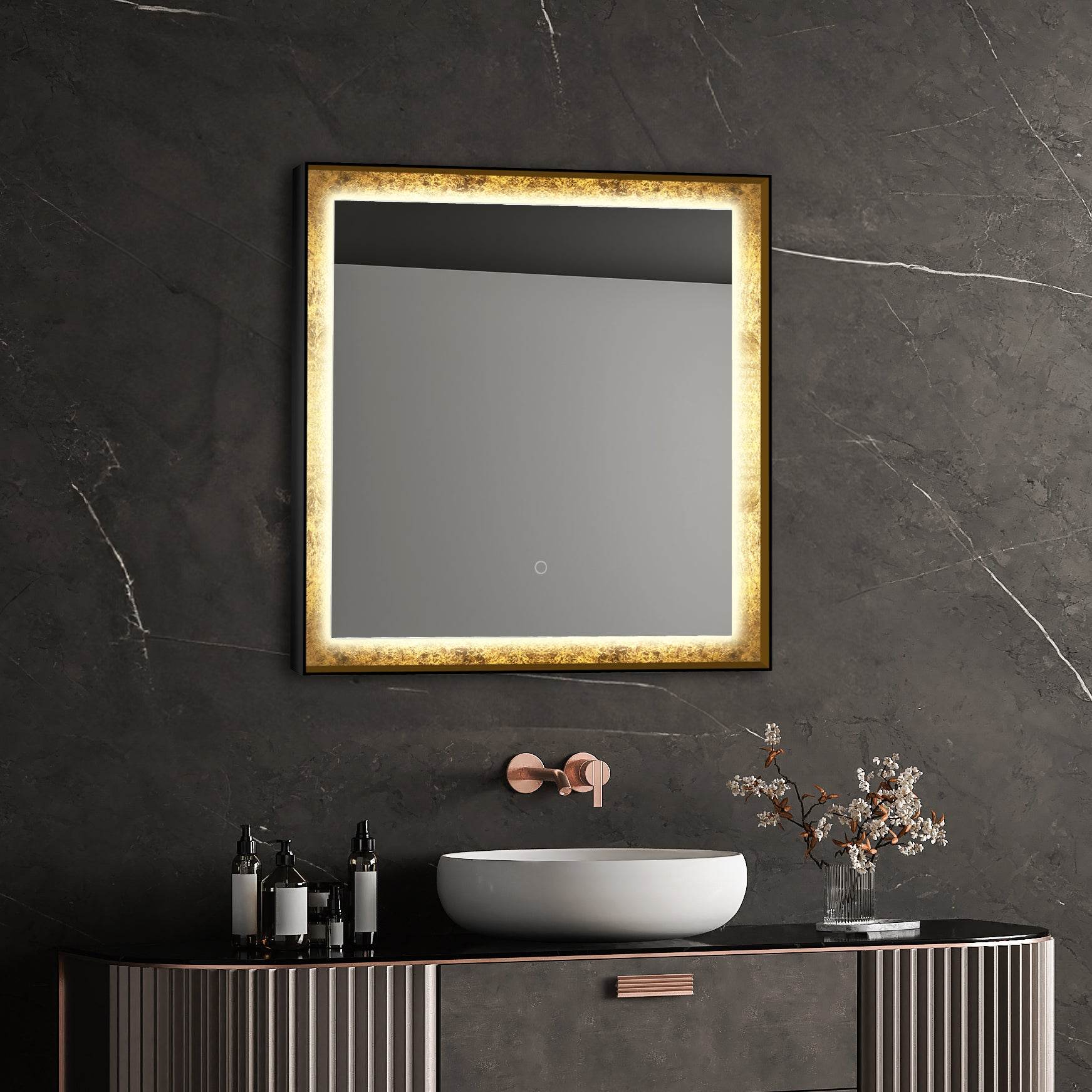 Rimmed LED Lighted Mirror with Gold Frosted Border