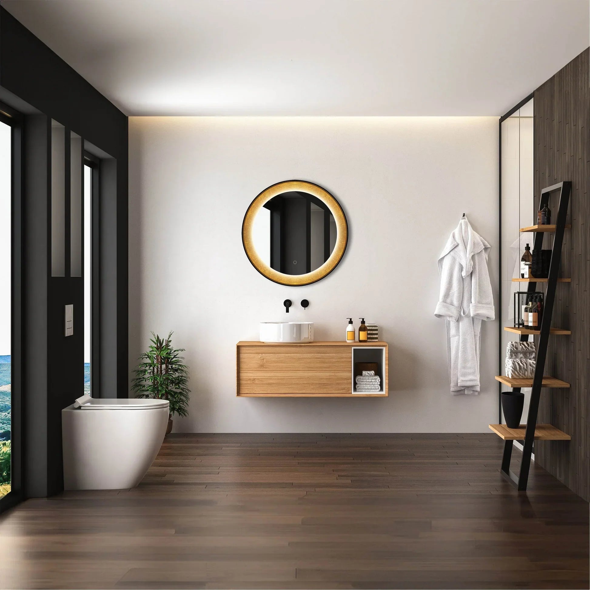 Round LED Lighted Mirror with Gold Frosted Border